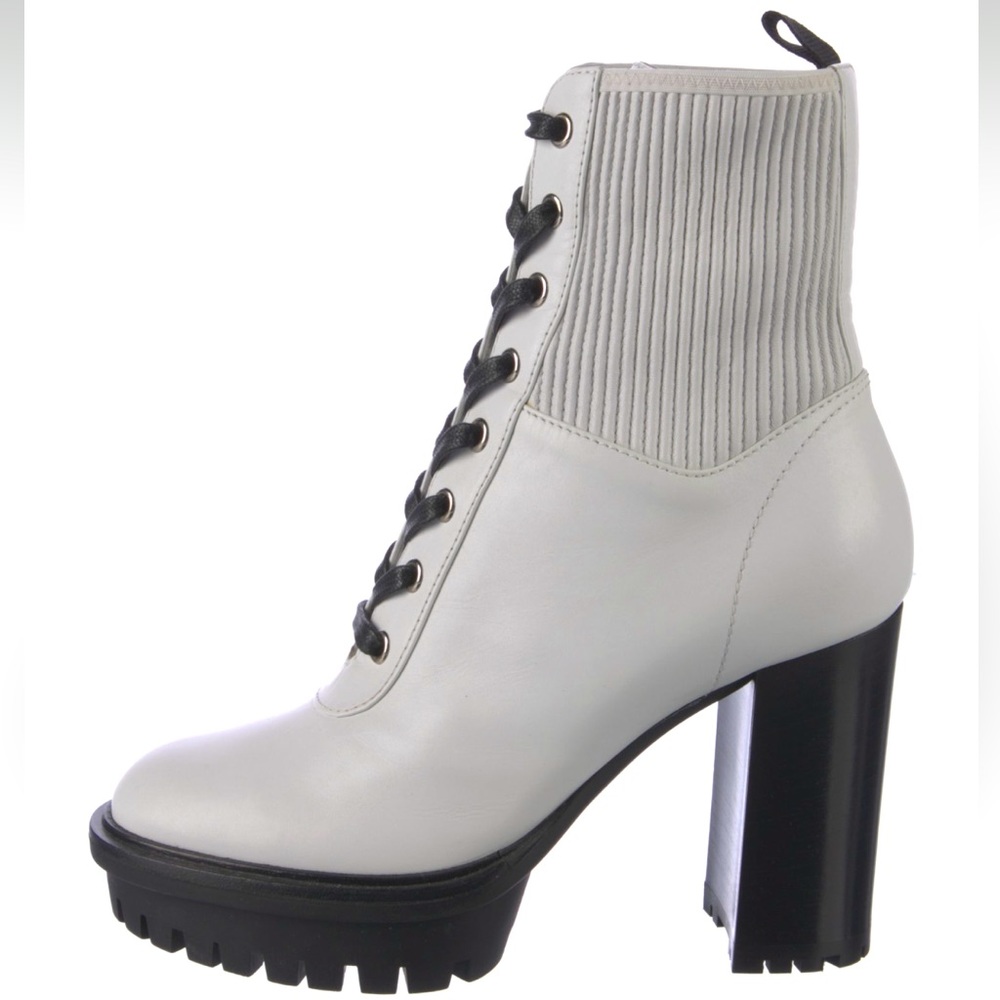 Martis Ankle Combat Boots-White Leather-Block Heels 4’Platform 5.5”shaft-Lace-Up